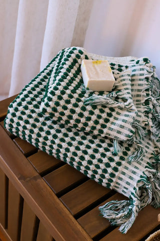 Green White handwoven Turkish cotton pom pom woven towel set ladder hanging. Tasseled fringe Denizli, OEKO-TEX. Vivamaison.