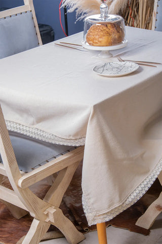 Natural handwoven raw linen lace tablecloth table setting. Hand-crocheted lace border, Denizli, OEKO-TEX. Vivamaison.