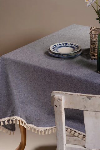 Navy Blue handwoven solid color Turkish cotton tassel tablecloth detail. Tasseled edges Denizli, OEKO-TEX. Vivamaison.