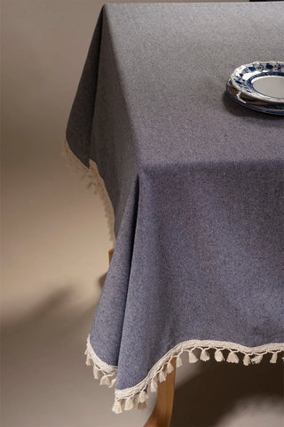 Navy Blue handwoven solid color Turkish cotton tassel tablecloth lifestyle. Tasseled edges Denizli, OEKO-TEX. Vivamaison.