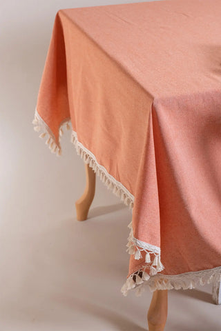 Orange handwoven solid color Turkish cotton tassel tablecloth table setting. Tasseled edges Denizli, OEKO-TEX. Vivamaison.
