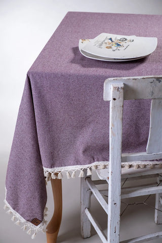 Plum handwoven solid color Turkish cotton tassel tablecloth table setting. Tasseled edges Denizli, OEKO-TEX. Vivamaison.