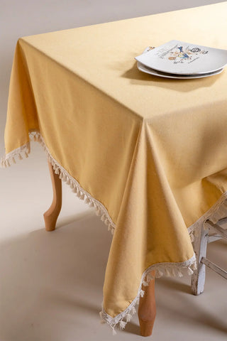 Yellow handwoven solid color Turkish cotton tassel tablecloth table setting. Tasseled edges Denizli, OEKO-TEX. Vivamaison.