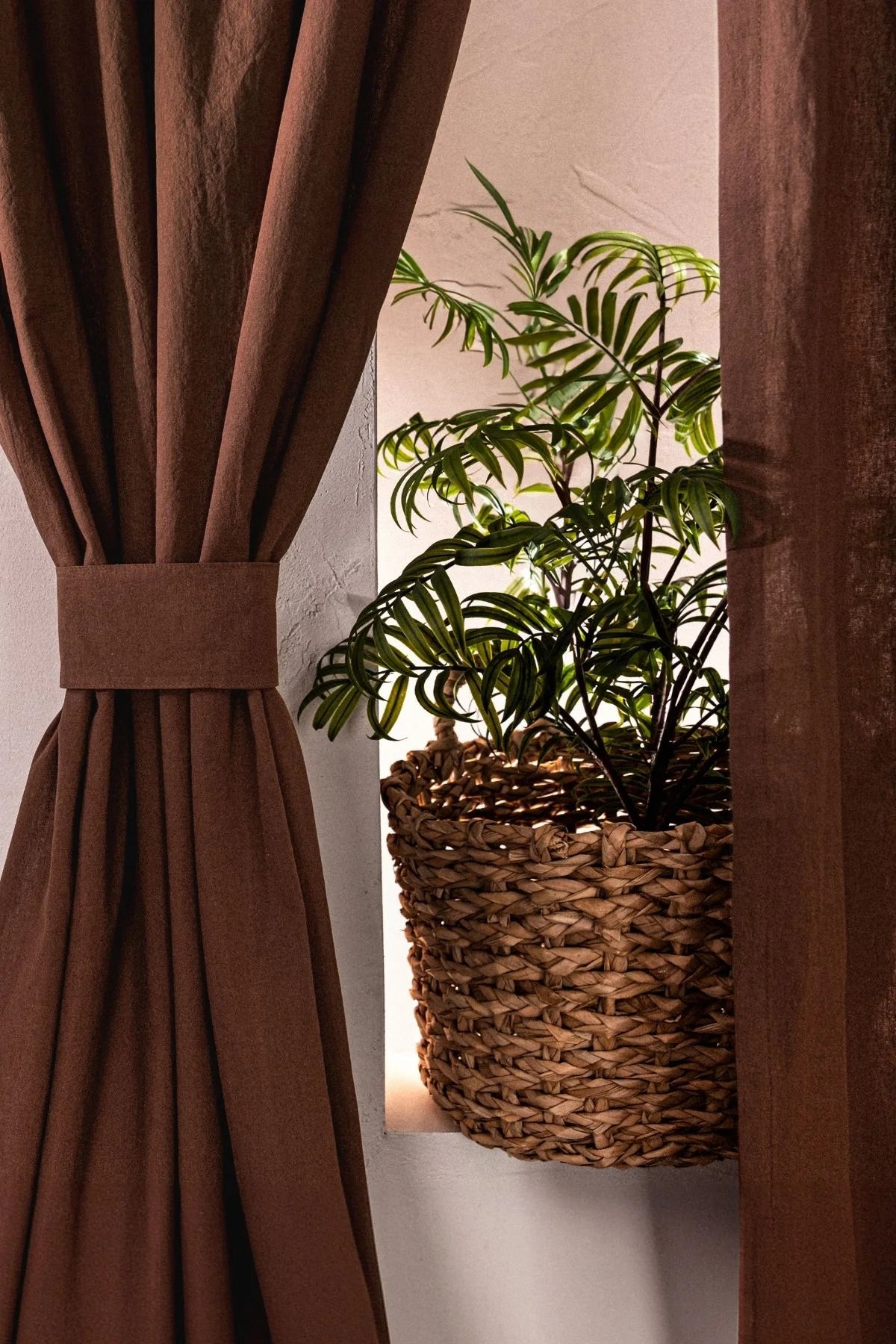 Brown stonewashed cotton curtain tied with a tieback band. Handwoven in Denizli, OEKO-TEX. Vivamaison.