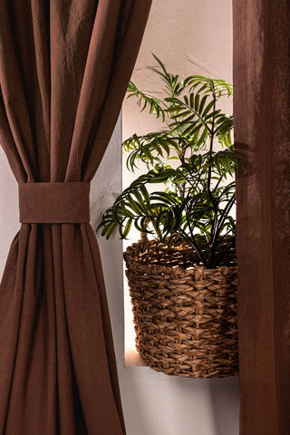 Brown stonewashed cotton curtain tied with a tieback band. Handwoven in Denizli, OEKO-TEX. Vivamaison.