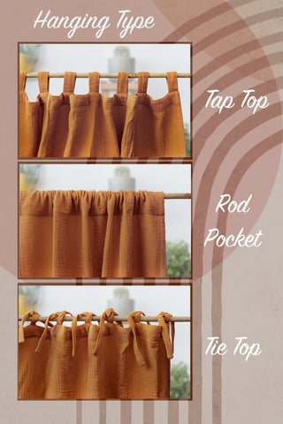 Hanging type guide for the stonewashed cotton curtain panel: tab top, rod pocket and tie top headers. Handwoven in Denizli, OEKO-TEX. Vivamaison.