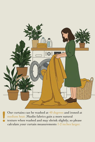 Washing and care instructions for stonewashed cotton curtains. Handwoven in Denizli, OEKO-TEX. Vivamaison.