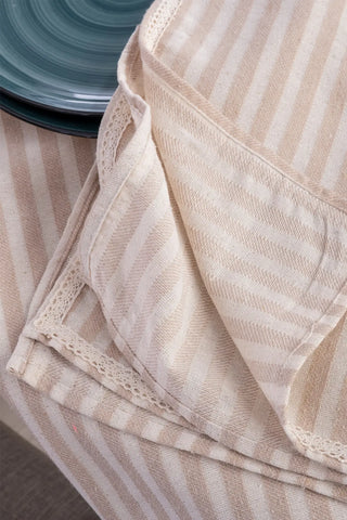 Black handwoven striped linen lace cotton tablecloth reversed detail. Crocheted lace Denizli, OEKO-TEX. Vivamaison.