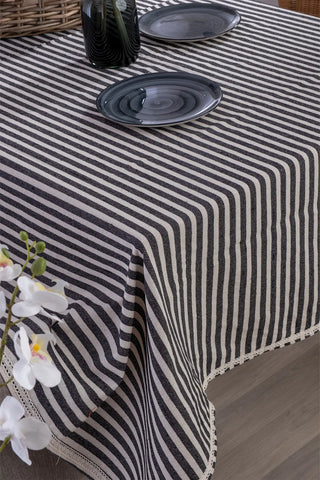 Black handwoven striped linen lace cotton tablecloth table setting. Crocheted lace Denizli, OEKO-TEX. Vivamaison.