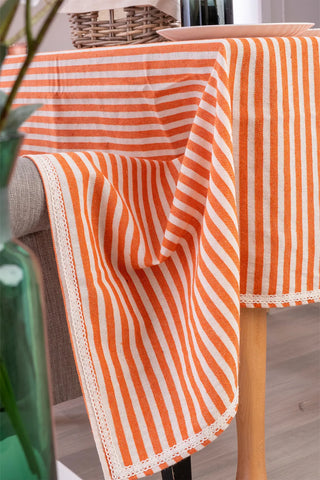 Coral handwoven striped linen lace cotton tablecloth draped detail. Crocheted lace Denizli, OEKO-TEX. Vivamaison.