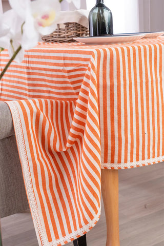 Coral handwoven striped linen lace cotton tablecloth table setting. Crocheted lace Denizli, OEKO-TEX. Vivamaison.