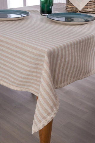 Grey handwoven striped linen lace cotton tablecloth detail. Crocheted lace Denizli, OEKO-TEX. Vivamaison.