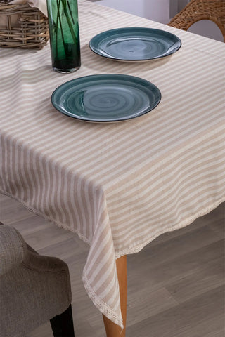 Milky Coffee handwoven striped linen lace cotton tablecloth draped detail. Crocheted lace Denizli, OEKO-TEX. Vivamaison.