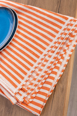 Milky Coffee handwoven striped linen lace cotton tablecloth folded flat lay. Crocheted lace Denizli, OEKO-TEX. Vivamaison.