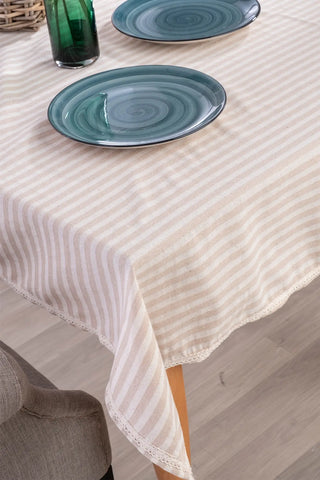 Milky Coffee handwoven striped linen lace cotton tablecloth table setting. Crocheted lace Denizli, OEKO-TEX. Vivamaison.