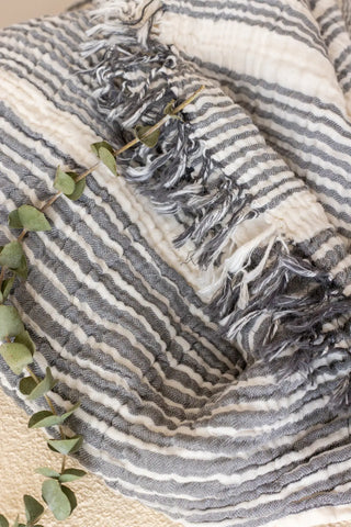 Black striped peshtemal towel fringe detail closeup. Handwoven Turkish cotton Denizli, OEKO-TEX. Vivamaison.