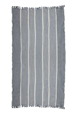 Black striped peshtemal towel unfolded full. Handwoven Turkish cotton Denizli, OEKO-TEX. Vivamaison.