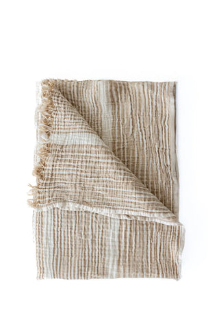 Brown striped peshtemal towel folded flat lay. Handwoven Turkish cotton Denizli, OEKO-TEX. Vivamaison.