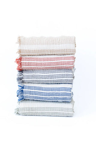 5 striped peshtemal towels stacked color collection. Handwoven Turkish cotton Denizli, OEKO-TEX. Vivamaison.