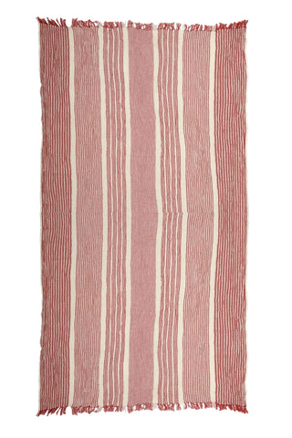 Red striped peshtemal towel unfolded full. Handwoven Turkish cotton Denizli, OEKO-TEX. Vivamaison.
