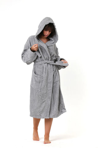Anthracite terry bathrobe showing plush cotton loop texture by Vivamaison