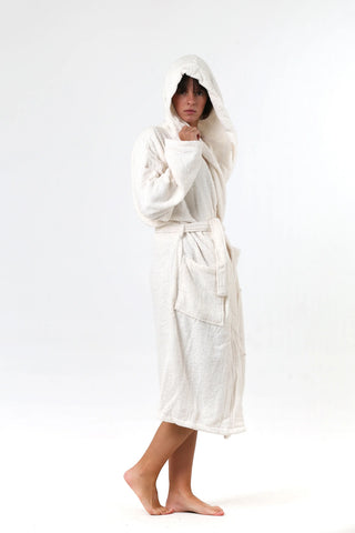 Cream terry bathrobe close-up of absorbent cotton loops by Vivamaison