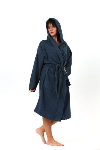 Indigo blue terry bathrobe detail showing plush loop texture by Vivamaison