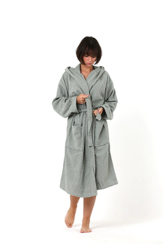Sage green terry bathrobe styled view - handwoven Denizli craftsmanship