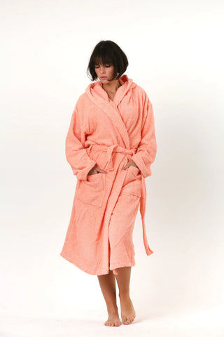 Handwoven Turkish cotton terry bathrobe in salmon - Vivamaison Denizli OEKO-TEX certified
