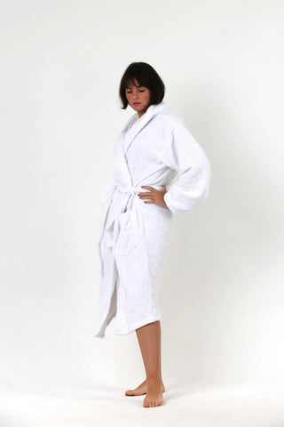 White terry bathrobe showing dense cotton pile loops by Vivamaison
