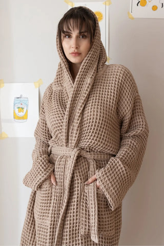 Brown waffle hooded bathrobe hood up closeup, handwoven Turkish cotton. Denizli heritage, OEKO-TEX. Vivamaison.