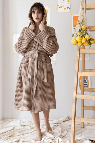 Handwoven waffle hooded bathrobe in brown, hood up front view. Turkish cotton Denizli, OEKO-TEX. Vivamaison.