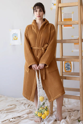 Handwoven waffle hooded bathrobe in caramel, front view. Turkish cotton from Denizli, OEKO-TEX. Vivamaison.