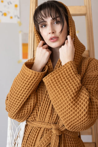 Caramel waffle hooded bathrobe hood up closeup. Handwoven Turkish cotton Denizli, OEKO-TEX. Vivamaison.