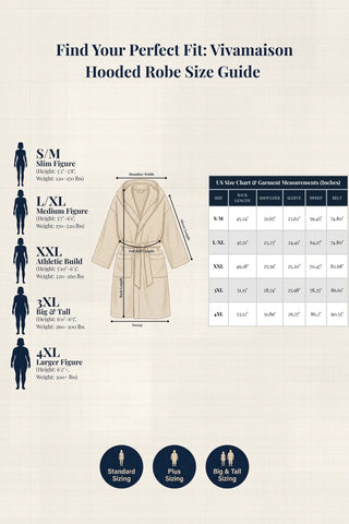 Waffle hooded bathrobe size chart — S-M, L-XL, XXL, 3XL, 4XL measurements. Vivamaison Turkish cotton Denizli.