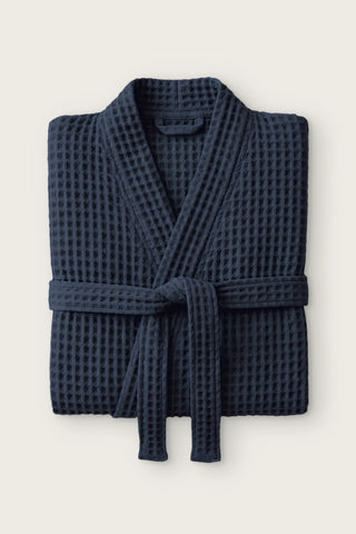 Handwoven waffle kimono bathrobe in anthracite, folded front view with tied belt