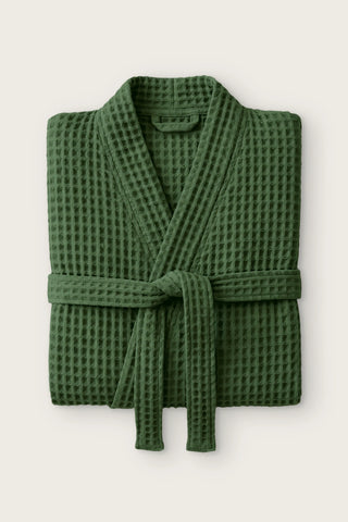 Handwoven waffle kimono bathrobe in dark green, folded front view with tied belt