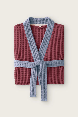 Handwoven two-tone waffle kimono bathrobe in burgundy - gray, folded front view with contrast collar and tied belt