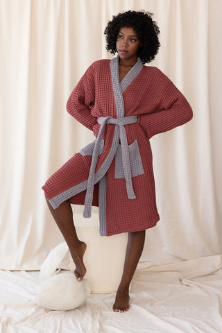 Burgundy Gray handwoven waffle two-tone kimono bathrobe standing full. Handwoven Denizli, OEKO-TEX. Vivamaison.