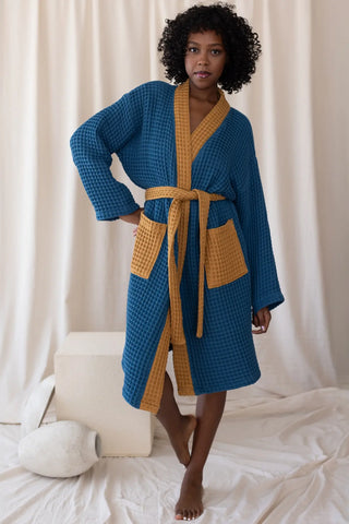 Indigo Blue Caramel handwoven waffle two-tone kimono bathrobe standing full. Handwoven Denizli, OEKO-TEX. Vivamaison.