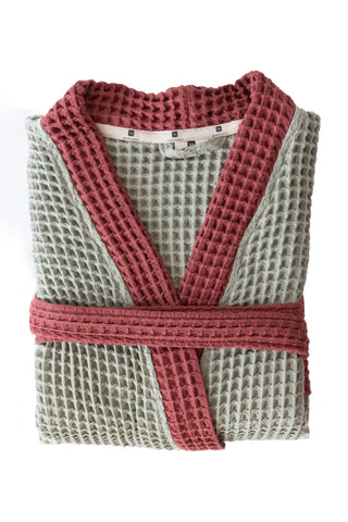 Sage Green Burgundy handwoven waffle two-tone kimono bathrobe folded flat lay. Handwoven Denizli, OEKO-TEX. Vivamaison.