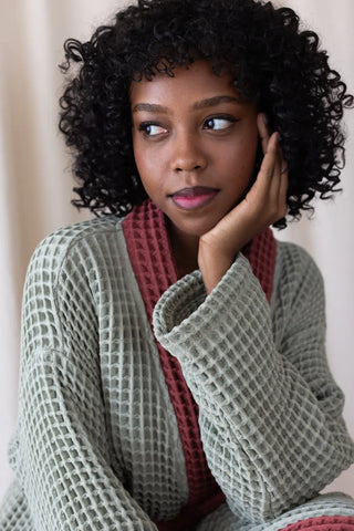 Sage Green Burgundy handwoven waffle two-tone kimono bathrobe portrait. Handwoven Denizli, OEKO-TEX. Vivamaison.