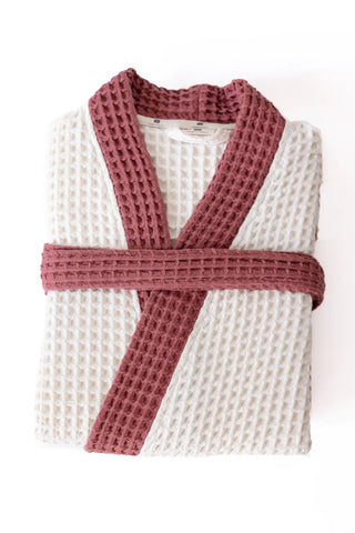 White Burgundy handwoven waffle two-tone kimono bathrobe folded flat lay. Handwoven Denizli, OEKO-TEX. Vivamaison.