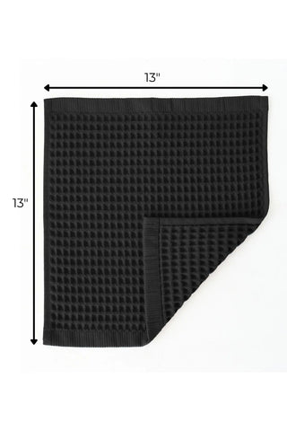 Black handwoven Turkish cotton waffle weave towel washcloth size reference. Denizli, OEKO-TEX. Vivamaison.