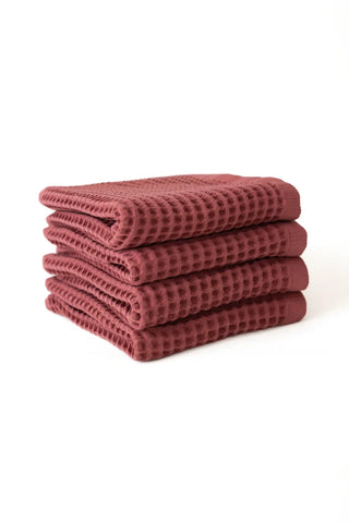 Dark Red handwoven Turkish cotton waffle weave towel set of 4 hand towels stacked. Denizli, OEKO-TEX. Vivamaison.