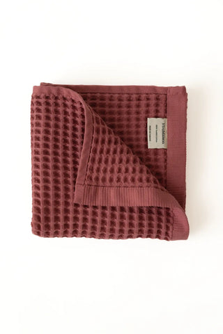 Dark Red handwoven Turkish cotton waffle weave towel hand towel folded detail. Denizli, OEKO-TEX. Vivamaison.