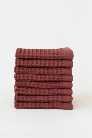 Dark Red handwoven Turkish cotton waffle weave towel set of 8 washcloths stacked. Denizli, OEKO-TEX. Vivamaison.