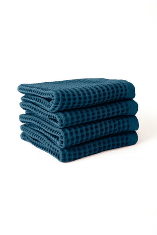 Indigo Blue handwoven Turkish cotton waffle weave towel set of 4 hand towels stacked. Denizli, OEKO-TEX. Vivamaison.