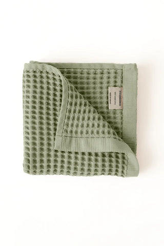 Sage Green handwoven Turkish cotton waffle weave towel set of 4 hand towels stacked. Denizli, OEKO-TEX. Vivamaison.