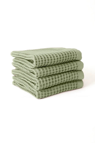 Sage Green handwoven Turkish cotton waffle weave towel hand towel folded detail. Denizli, OEKO-TEX. Vivamaison.